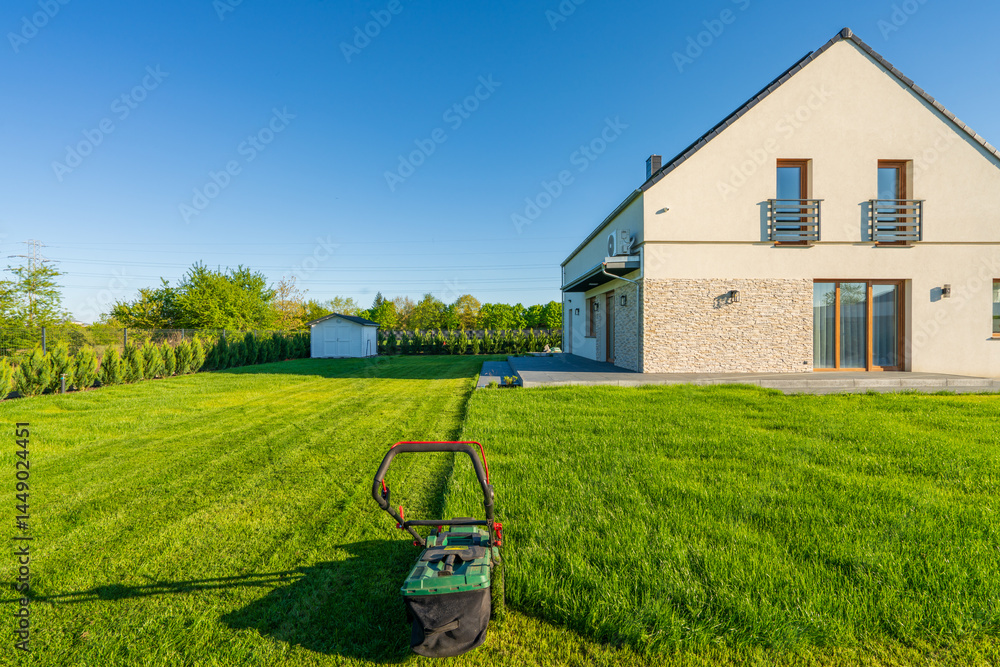 Electric lawn cutter ant partially cut grass on the house back garden