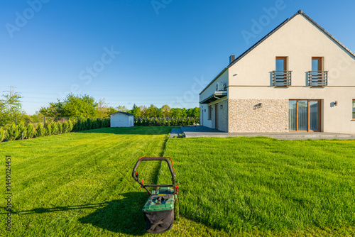 Electric lawn cutter ant partially cut grass on the house back garden