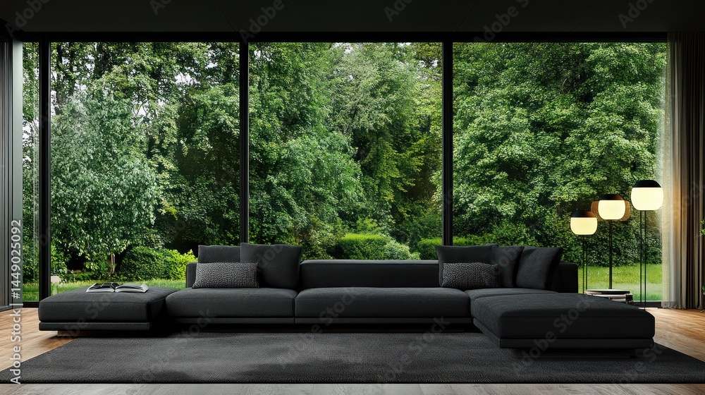 Contemporary interior with charcoal sectional sofa and lush green view Contemporary interior with charcoal sectional sofa and lush green view