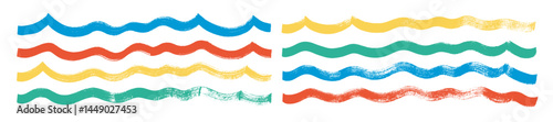 Colorful naive bold brush drawn waves, underlines or borders. Thick doodle texture horizontal lines. Abstract modern vector squiggles, brush drawn wavy strokes. Dirty curved vector brushstrokes.