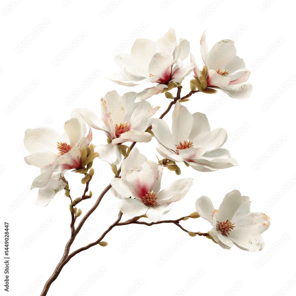 Obraz premium Delicate Magnolia Blossom Branch Isolated on Green Transparent background