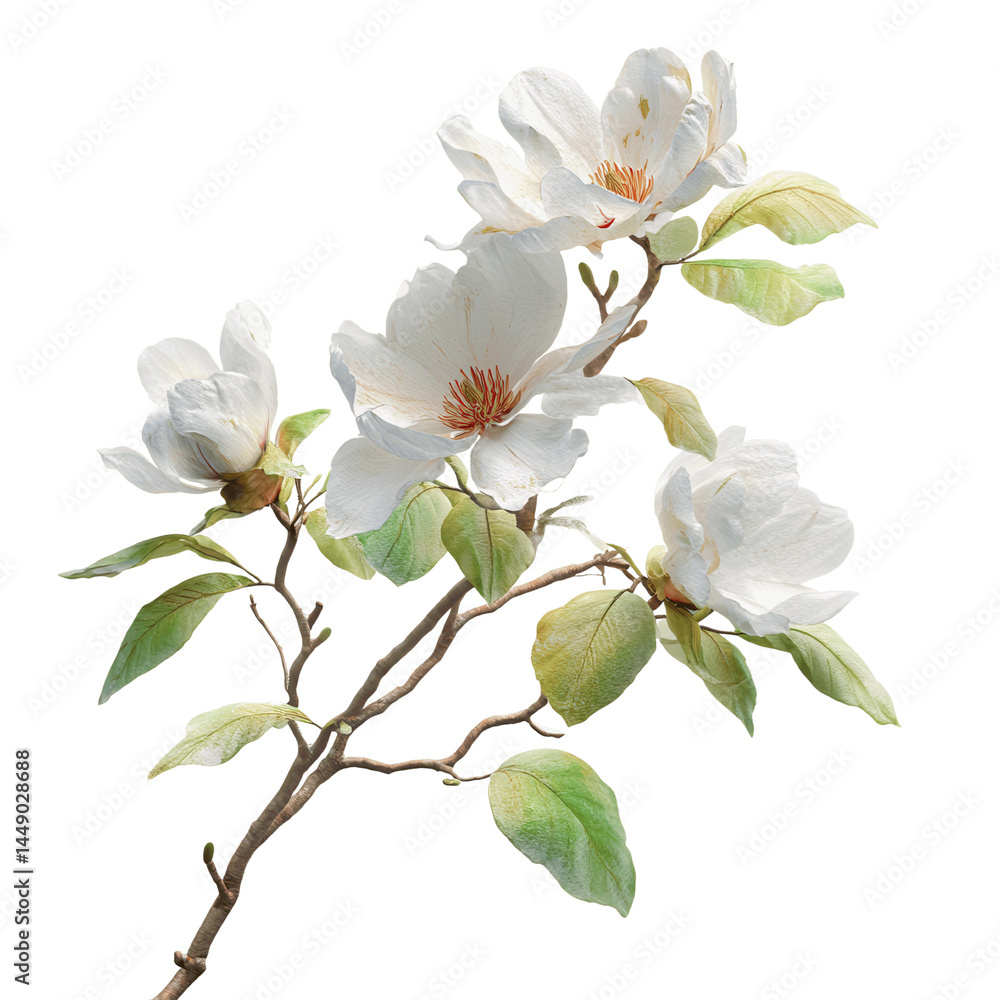 Fototapeta premium Elegant White Magnolia Branch with Delicate Blossoms Isolated on White Transparent background