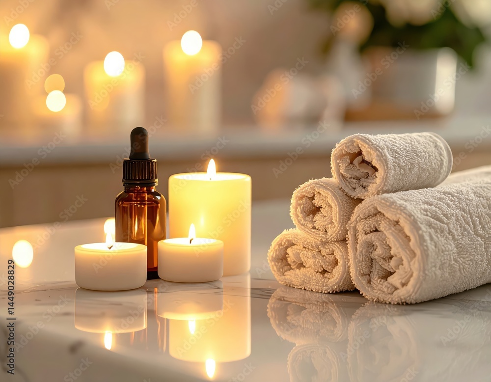 Tranquil Spa Setting with Amber Oil Bottle and Soft Towels Surrounded by Warm Candlelight for Relaxation and Rejuvenation Tranquil Spa Setting with Amber Oil Bottle and Soft Towels Surrounded by Warm Candlelight for Relaxation and Rejuvenation