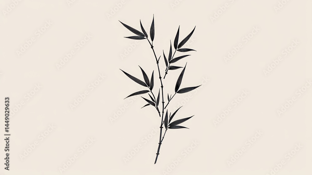Obraz premium Black ink bamboo sprig on light beige background, minimalist, decorative