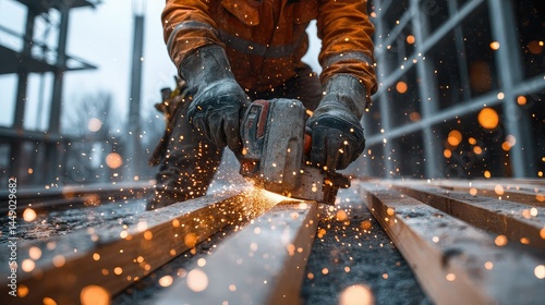 Worker cutting metal with construction site.