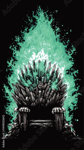 Dark Fantasy Throne Illustration with Skulls, Spikes, and Enchanted Green Flames – Gothic Medieval Power Concept Art