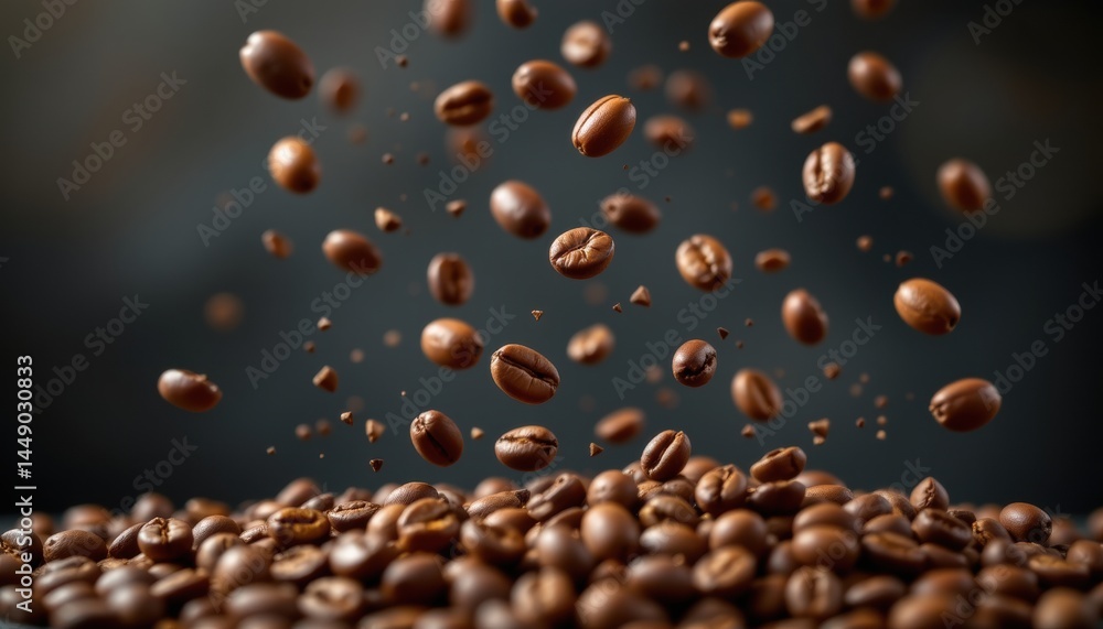 Falling coffee beans closeup studio setting high-speed photography dark background dynamic viewpoint culinary art Falling coffee beans closeup studio setting high-speed photography dark background dynamic viewpoint culinary art