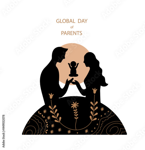  Global day of parents holiday greeting card concept. Man and woman silhouette holding baby with floral ornament International holiday template. Vector  flat line art  Illustration.