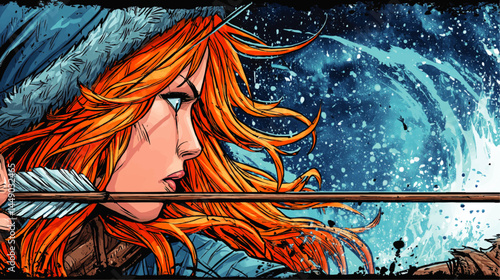 Fiery Haired Female Archer in Winter Forest with Bow and Arrow – Dynamic Comic Book Style Illustration, Blue Snowy Background