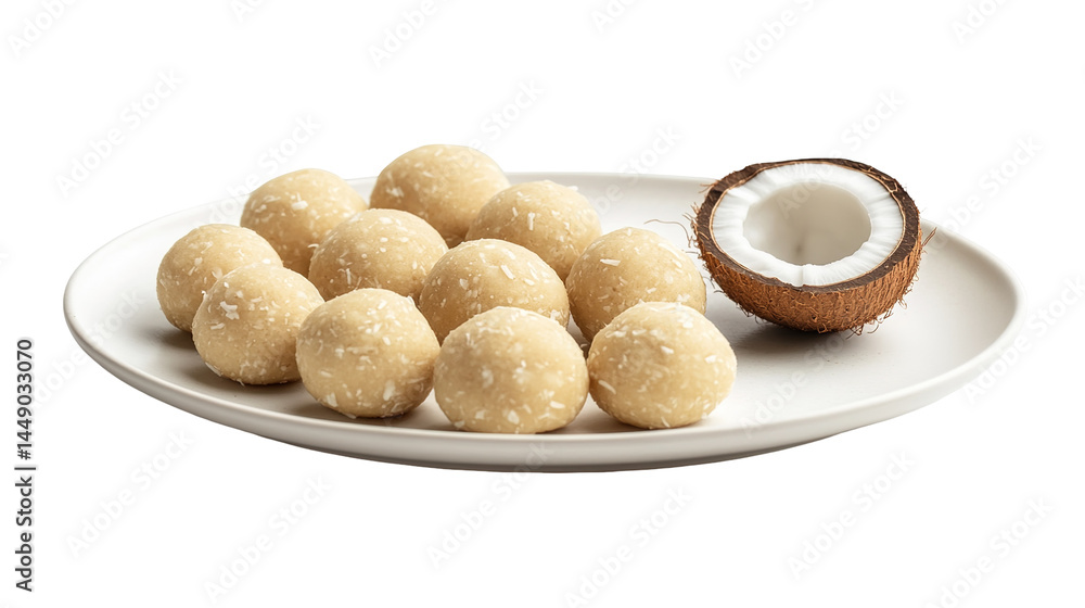 Fototapeta premium Narkel Naru, a coconut-based sweet often made during Durga Puja on wooden background.