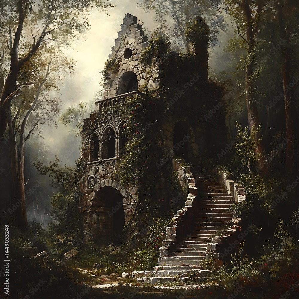 Fototapeta premium Old Gothic Staircase Leading Up To A Vampire Dwelling, Surrounded,