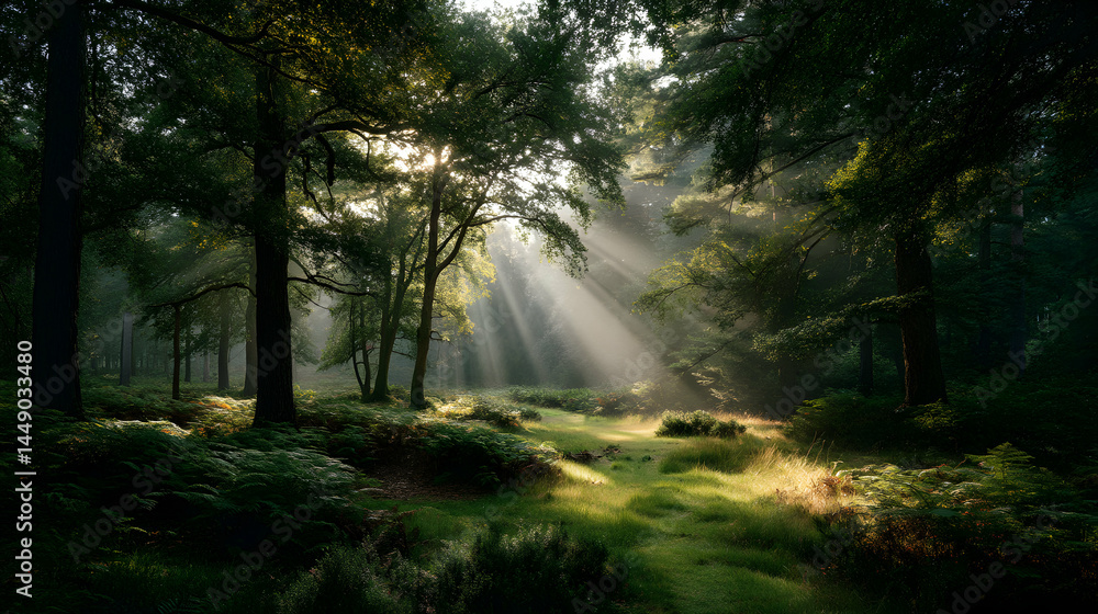 Naklejka premium Sunlight filtering through trees illuminates a mystical forest clearing with lush vegetation