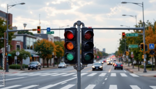 Obraz na płótnie Traffic light control system urban intersection traffic management city streets aerial view smart infrastructure w salonie