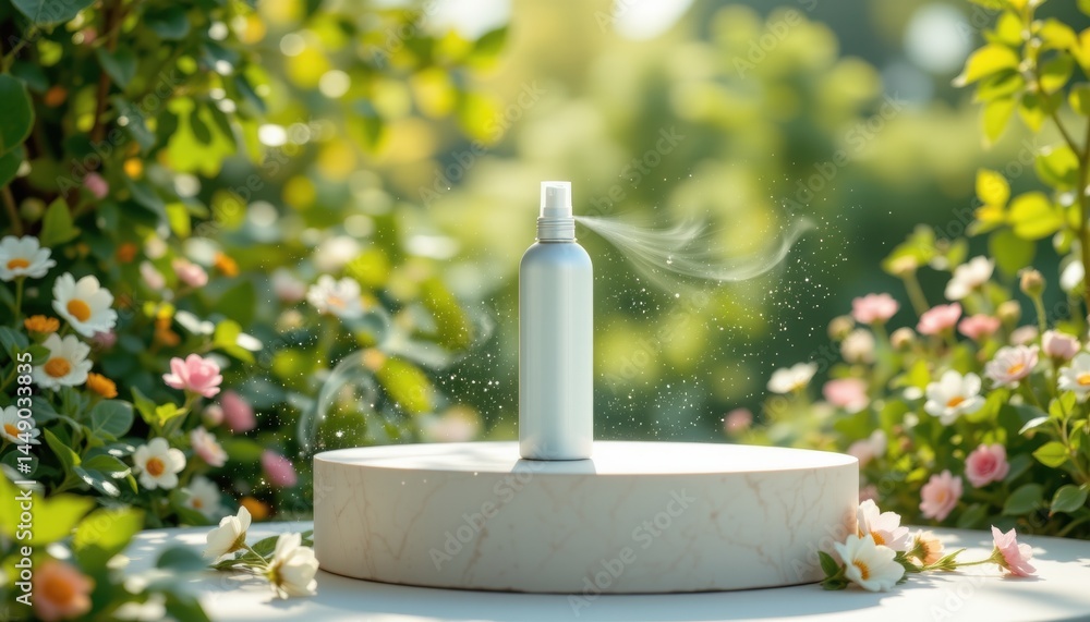 Refreshing toner spray on sunlit podium surrounded by blooming flowers nature setting captivating view
