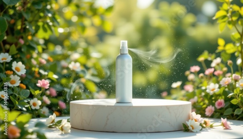 Obraz na płótnie Refreshing toner spray on sunlit podium surrounded by blooming flowers nature setting captivating view w salonie
