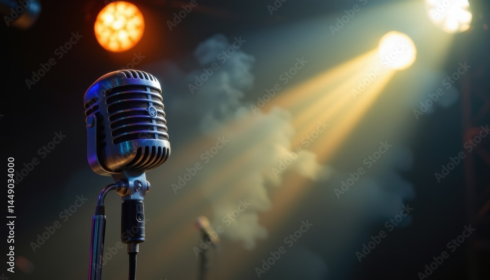 Live music performance featuring retro microphone on stage intimate venue evening atmosphere dramatic lighting