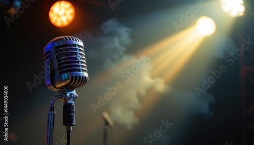 Obraz na płótnie Live music performance featuring retro microphone on stage intimate venue evening atmosphere dramatic lighting w salonie