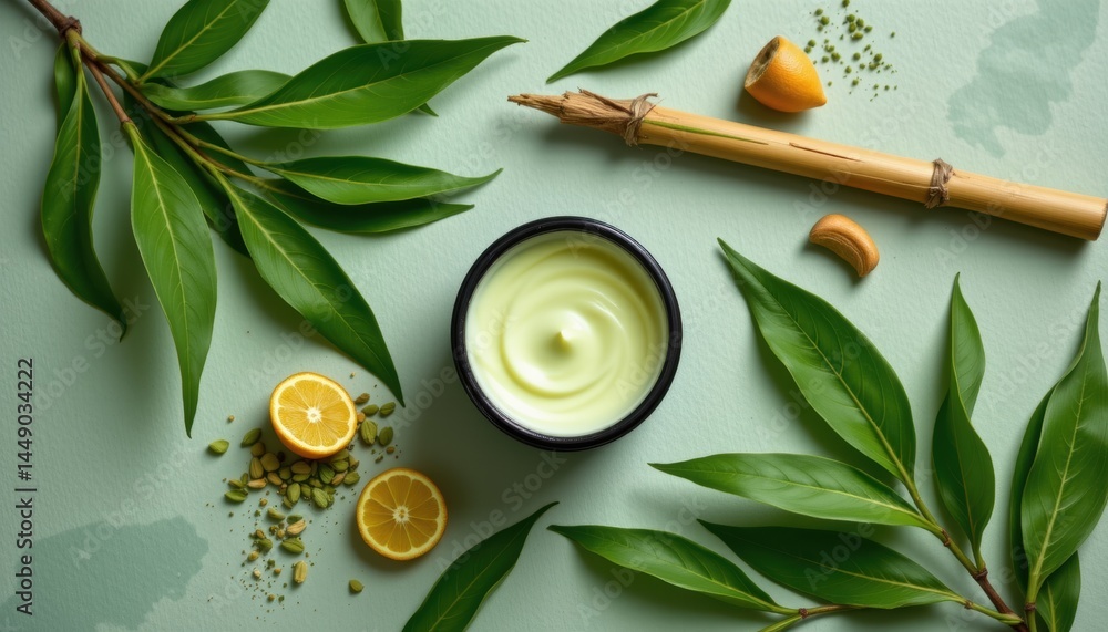 Creative organic face cream presentation with natural ingredients on leafy surface