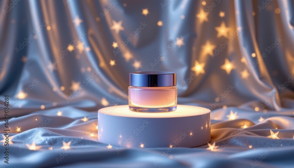 Glowing night cream jar bedroom product photography soft lighting close-up skincare beauty