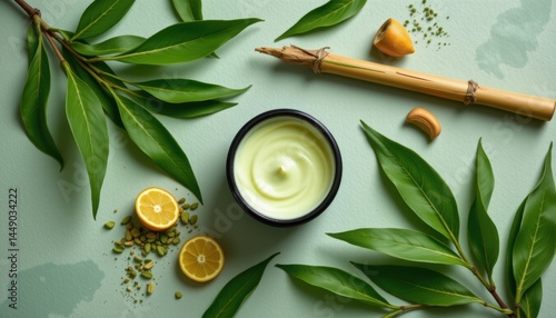 Obraz na płótnie Creative organic face cream presentation with natural ingredients on leafy surface w salonie