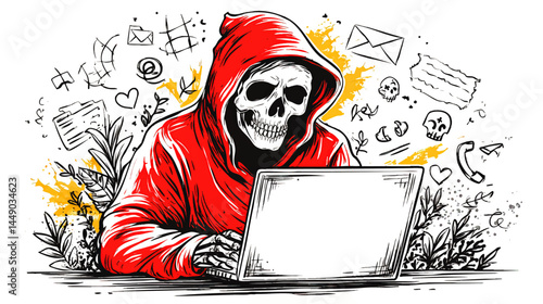 Grim Reaper Hacker in Red Hoodie Using Laptop – Conceptual Cybersecurity Threat Illustration with Sketch Elements