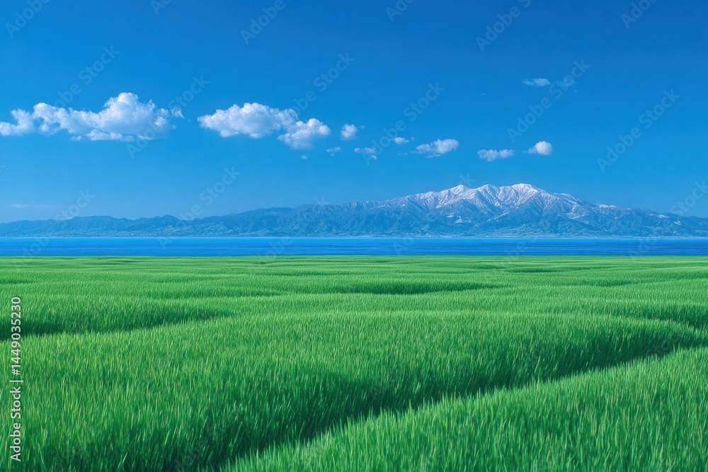 Fototapeta premium Scenic Rice Field with Mountain Backdrop and Blue Sky, Tranquil Landscape Photography