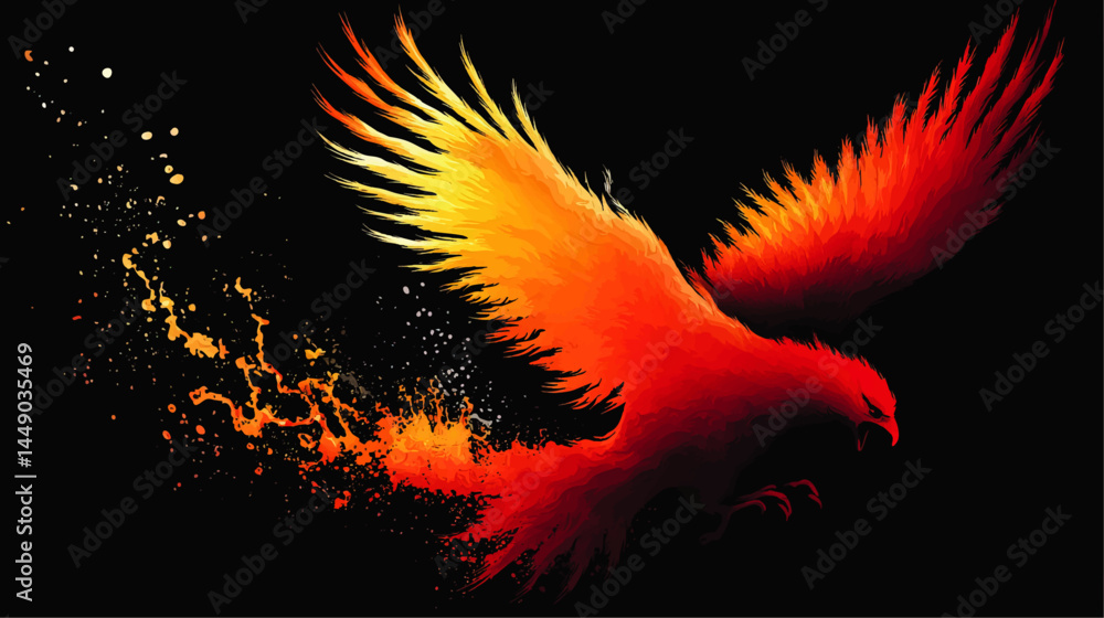 Obraz premium Fiery Phoenix Illustration in Flight on Black Background – Vibrant Abstract Fire Bird, Mythical Creature Digital Art