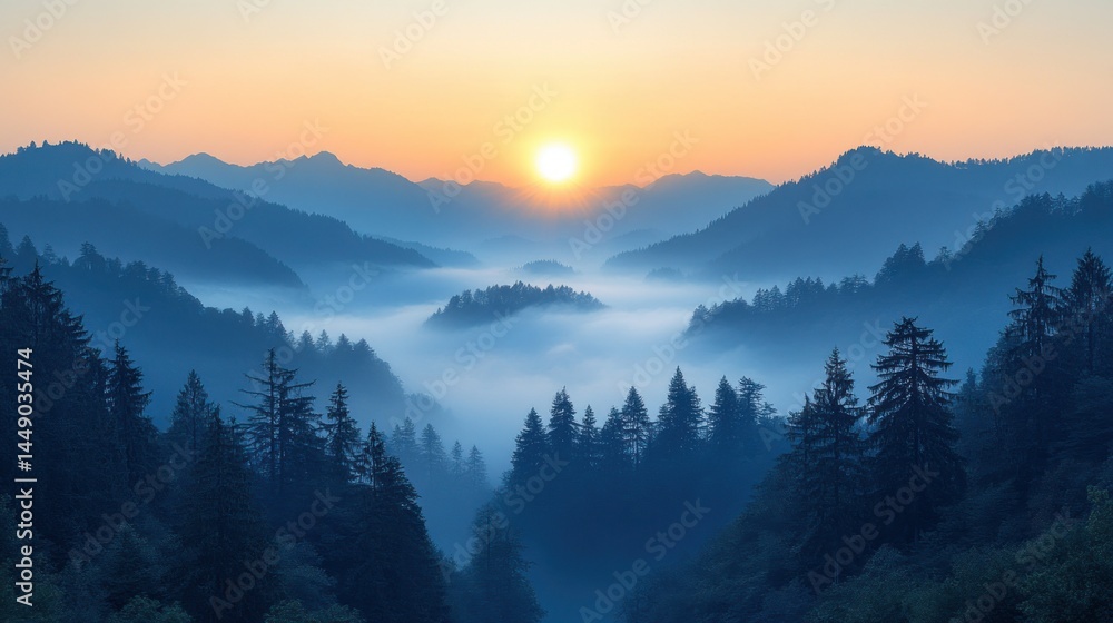 Obraz premium Sunrise over misty mountain valley
