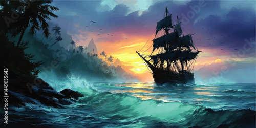 Majestic Pirate Ship Sailing at Sunset with Dramatic Waves, Tropical Island, and Vibrant Colored Sky – Fantasy Adventure Art