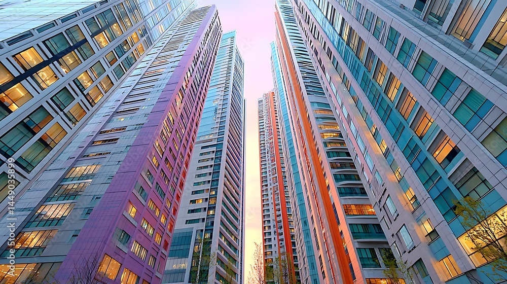 Obraz premium Majestic Skyscrapers at Sunset Modern City Architecture Urban Landscape