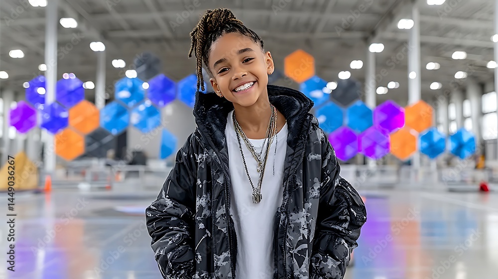 Fototapeta premium Happy African American Girl in Stylish Jacket Posing in Modern Interior with Colorful Hexagon Decor