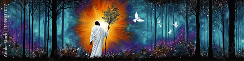 Mystical Spiritual Figure in White Robe Holding Branch in Enchanted Forest with Radiant Light and Flying Doves, Surreal Night Sky