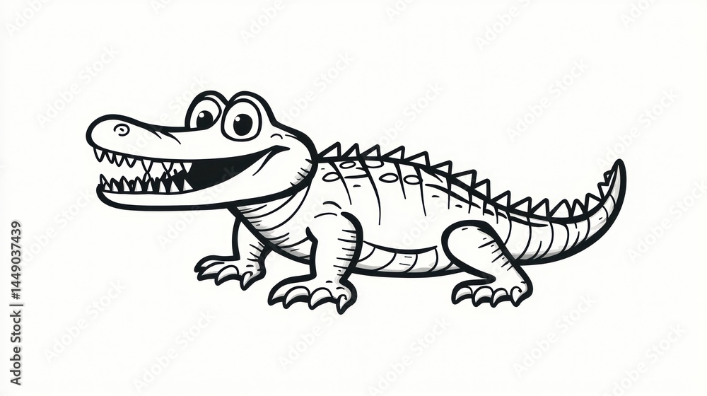 Fototapeta premium Cartoon Crocodile Smiling, Isolated, Black and White
