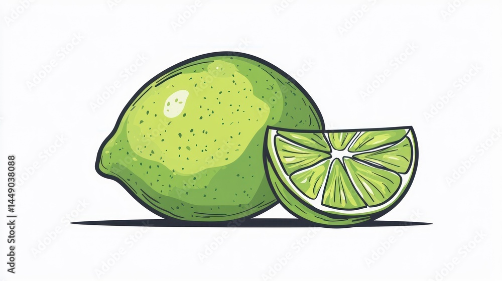 Naklejka premium Cartoon lime fruit slice, healthy food illustration