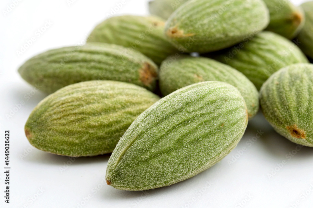 Close-up of raw green almonds on white background Close-up of raw green almonds on white background