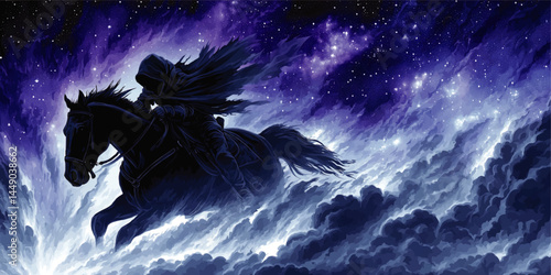 Mysterious hooded rider on black horse galloping through clouds beneath a vibrant starry night sky, fantasy digital art illustration