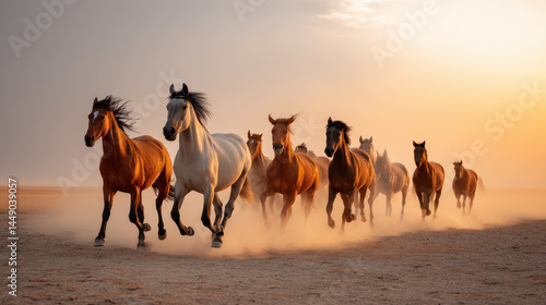 A herd of horses running across a desert landscape