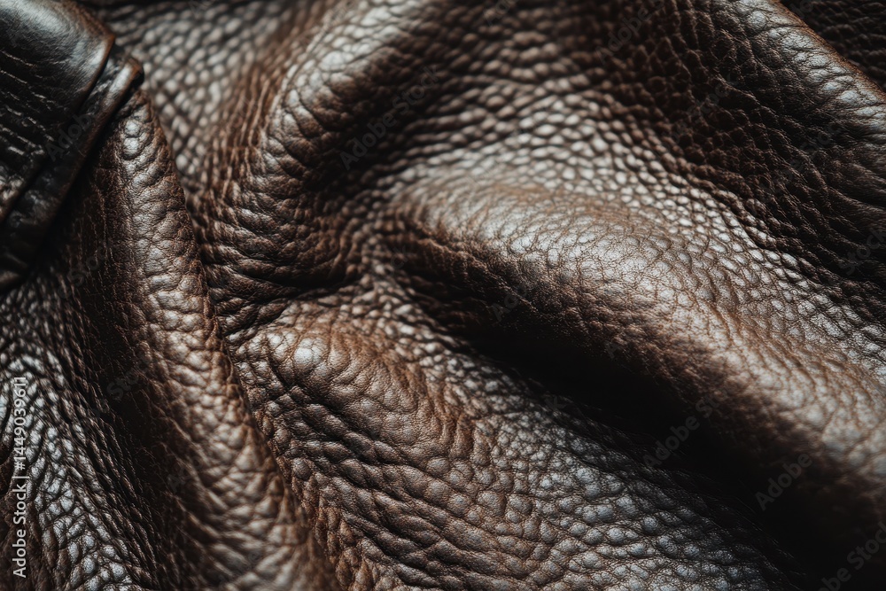 Close-up view of dark brown leather texture, exhibiting a pebbled surface and subtle folds Close-up view of dark brown leather texture, exhibiting a pebbled surface and subtle folds