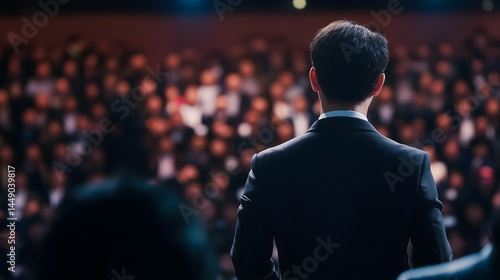 Wallpaper Mural Business speaker seen from behind addressing a large audience in a conference hall, focused lighting emphasizing leadership and public speaking Torontodigital.ca