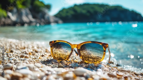 Wallpaper Mural Stylish sunglasses resting on a sandy beach with clear turquoise water and a distant island in the background, perfect for summer vacation concept Torontodigital.ca