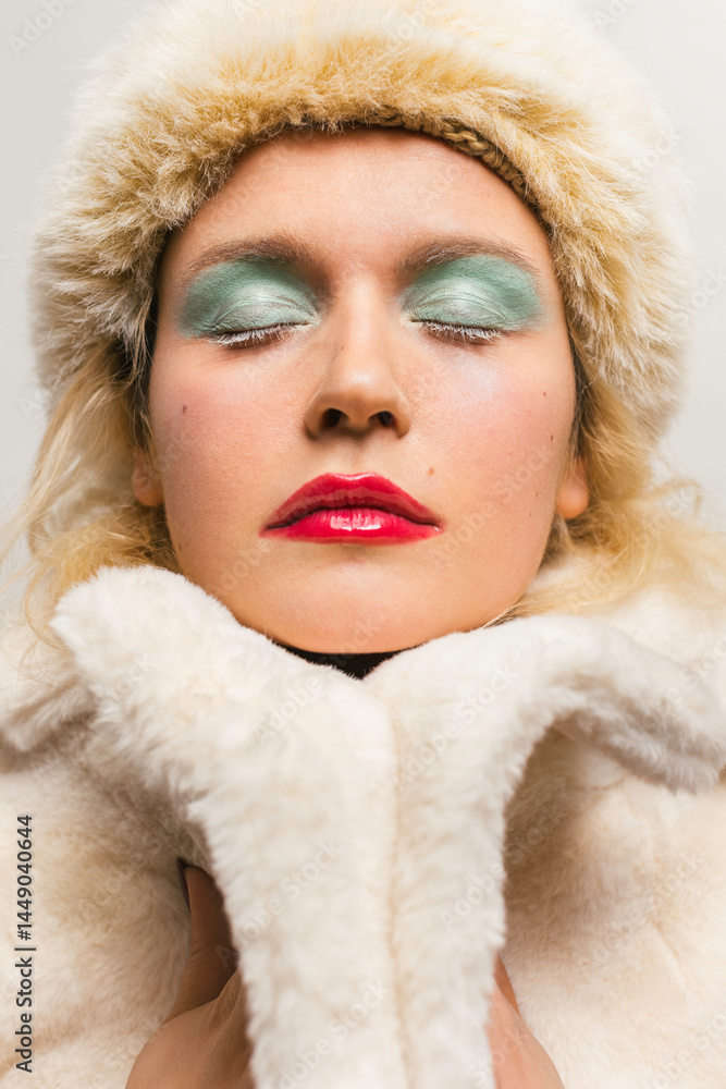 Close-Up Portrait of a Woman in White Fur with Bold Makeup and Closed Close-Up Portrait of a Woman in White Fur with Bold Makeup and Closed
