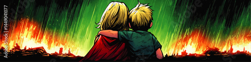 Two Children Embracing Amidst Apocalyptic Ruins, Dramatic Green and Orange Sky, Hope and Survival Concept Illustration