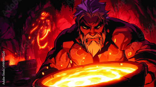 Powerful Cartoon Blacksmith Forging Iron in Glowing Fantasy Forge, Dramatic Orange Lighting, Epic Comic Style Illustration