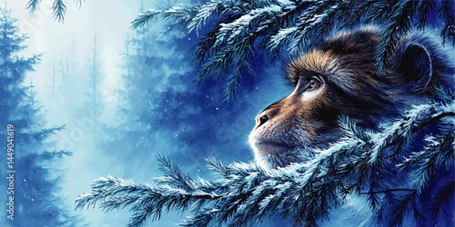 Winter Forest Monkey Portrait – Surreal Digital Art of Snowy Pine Branches, Blue Ambient Landscape, Animal Wildlife Illustration