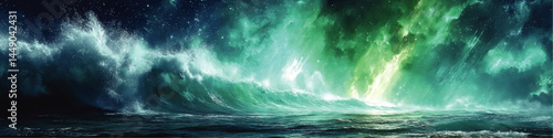 Dramatic Ocean Waves Under Vibrant Northern Lights Night Sky – Mystical Seascape Digital Art Background