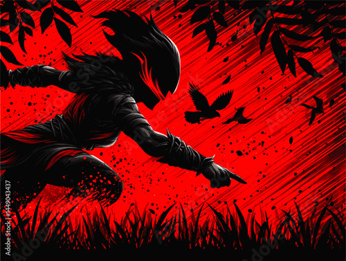 Dynamic Ninja Warrior Silhouette in Action with Birds and Grunge Red Background – Dramatic Japanese Samurai Art Vector