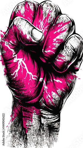 Powerful Raised Fist Illustration with Pink Paint Splash and Lightning – Symbol of Strength, Protest, Empowerment, and Solidarity