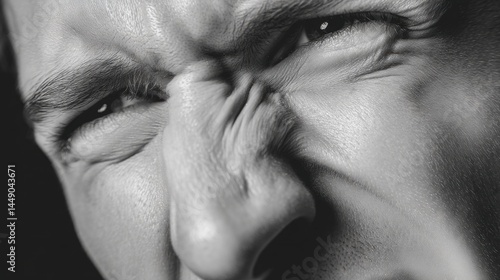 Close-up of a male face displaying intense emotion, showcasing furrowed brows, tightly pursed lips, and squinting eyes, emphasizing the texture of skin and facial muscles under dramatic lighting; shot