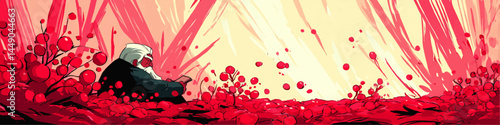 Surreal Digital Art of Elderly Man Sitting in Vibrant Red Fantasy Forest with Abstract Trees and Glowing Light