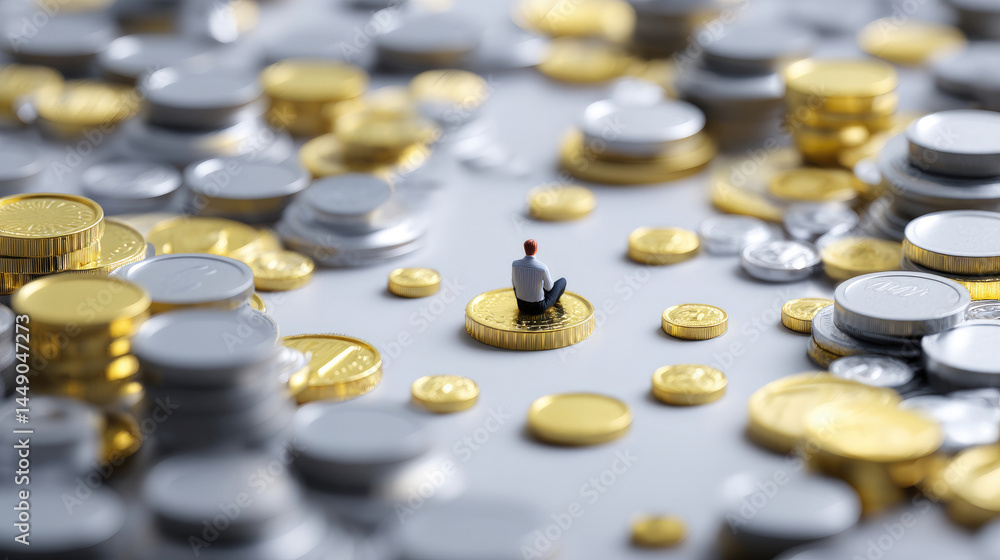 Tiny figure amidst a sea of coins. Surrounded by many gold and silver coins Tiny figure amidst a sea of coins. Surrounded by many gold and silver coins